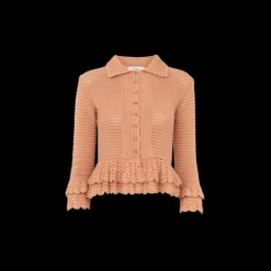 Cardigan CHLOE col polo volants coton crochet orange