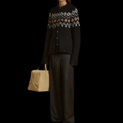 Cardigan KHAITE Suzette boutons cachemire noir motif camel blanc
