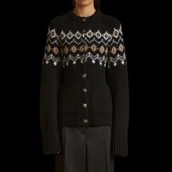 Cardigan KHAITE Suzette boutons cachemire noir motif camel blanc