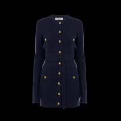 Cardigan long CHLOE maille laine bleu navy bouton militaire dore ceinture