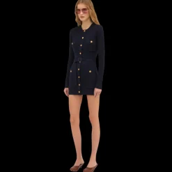 Cardigan long CHLOE maille laine bleu navy bouton militaire dore ceinture
