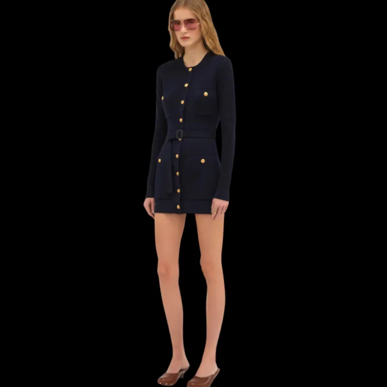 Cardigan long CHLOE maille laine bleu navy bouton militaire dore ceinture