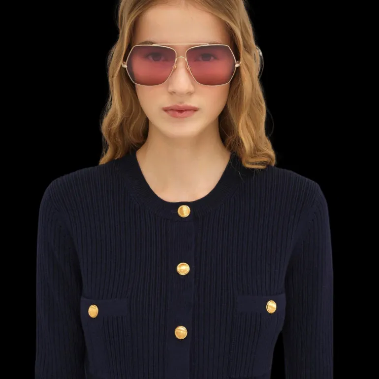 Cardigan long CHLOE maille laine bleu navy bouton militaire dore ceinture