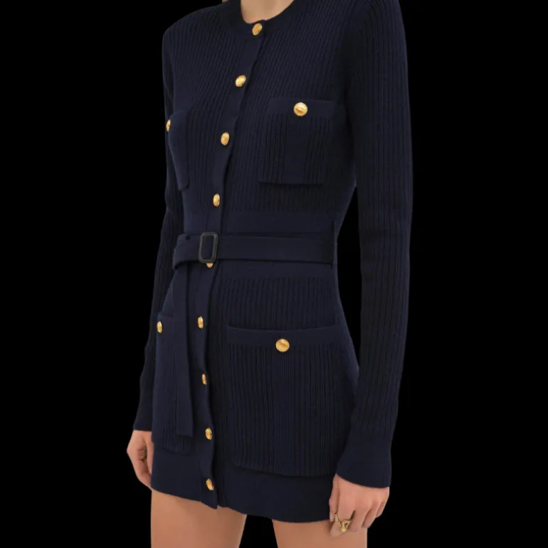 Cardigan long CHLOE maille laine bleu navy bouton militaire dore ceinture