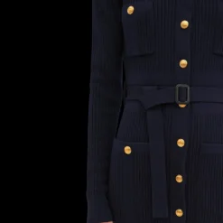 Cardigan long CHLOE maille laine bleu navy bouton militaire dore ceinture