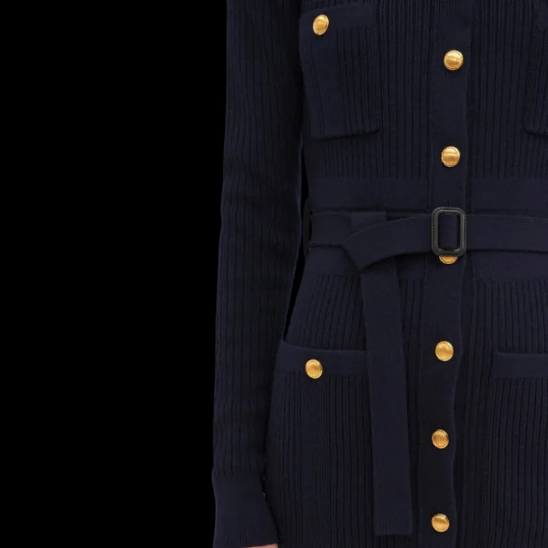 Cardigan long CHLOE maille laine bleu navy bouton militaire dore ceinture