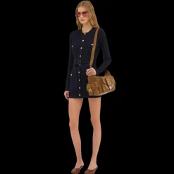 Cardigan long CHLOE maille laine bleu navy bouton militaire dore ceinture