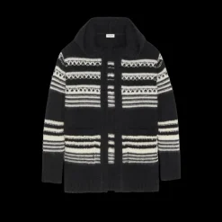 Cardigan long SAINT LAURENT Gilet BAJA capuche Mohair rayures noir blanc