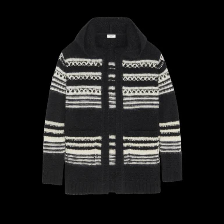 Cardigan long SAINT LAURENT Gilet BAJA capuche Mohair rayures noir blanc