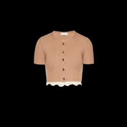 Cardigan MAGDA BUTRYM court manche courte cachemire beige ourlet dentelle crochet
