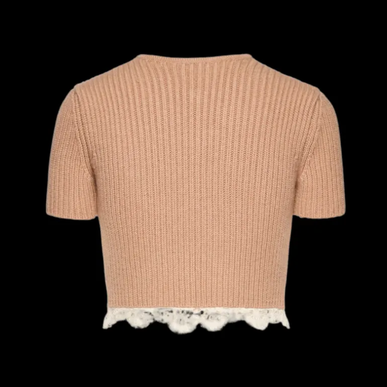 Cardigan MAGDA BUTRYM court manche courte cachemire beige ourlet dentelle crochet