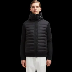 Cardigan MONCLER matelassé bi matière laine nylon noir poche manche