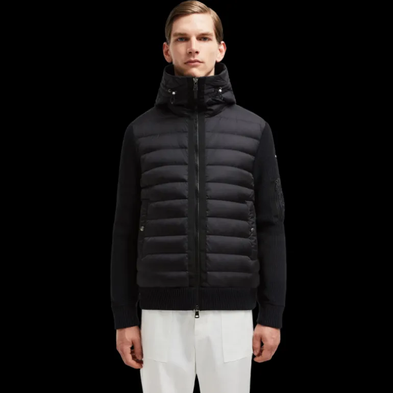 Cardigan MONCLER matelassé bi matière laine nylon noir poche manche