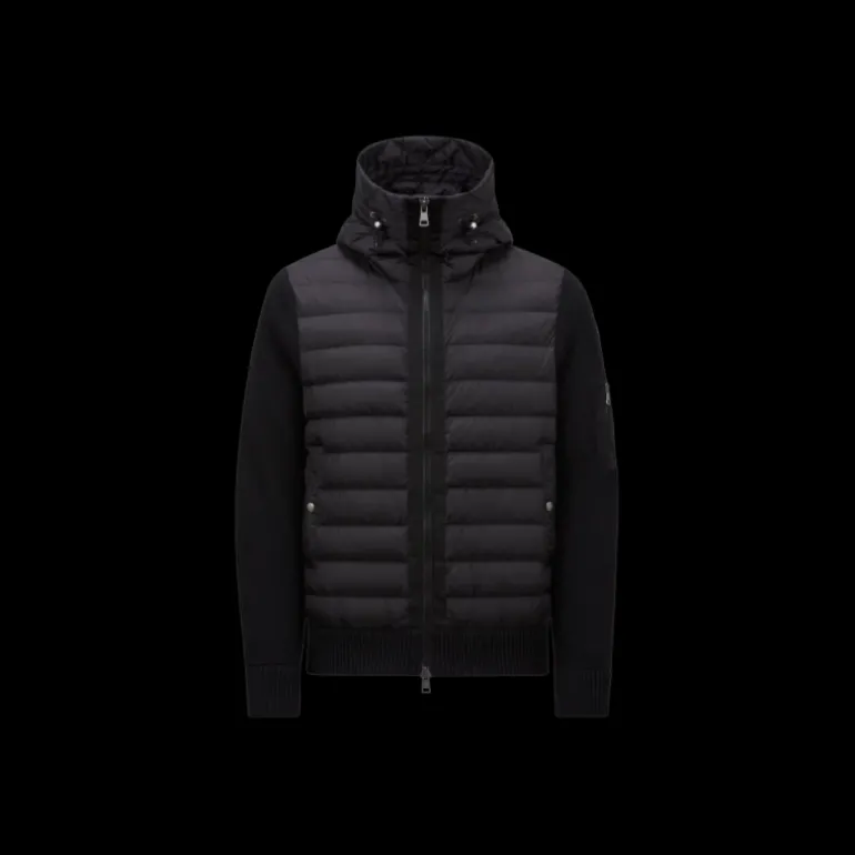 Cardigan MONCLER matelassé bi matière laine nylon noir poche manche