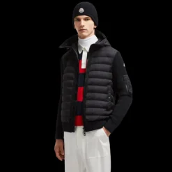 Cardigan MONCLER matelassé bi matière laine nylon noir poche manche