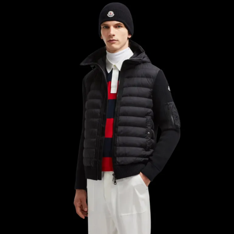Cardigan MONCLER matelassé bi matière laine nylon noir poche manche
