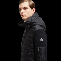 Cardigan MONCLER matelassé bi matière laine nylon noir poche manche