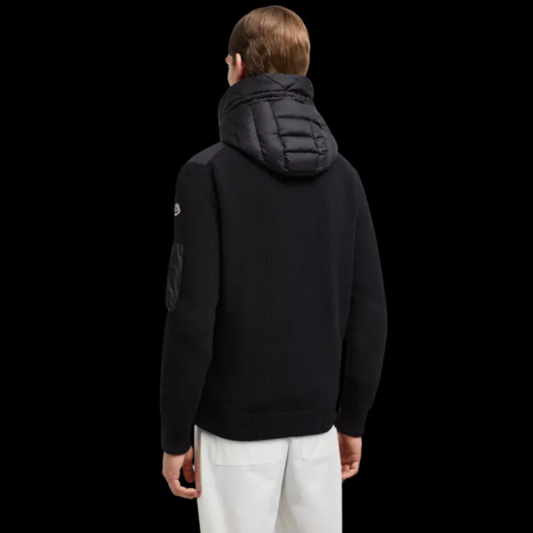 Cardigan MONCLER matelassé bi matière laine nylon noir poche manche