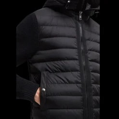 Cardigan MONCLER matelassé bi matière laine nylon noir poche manche