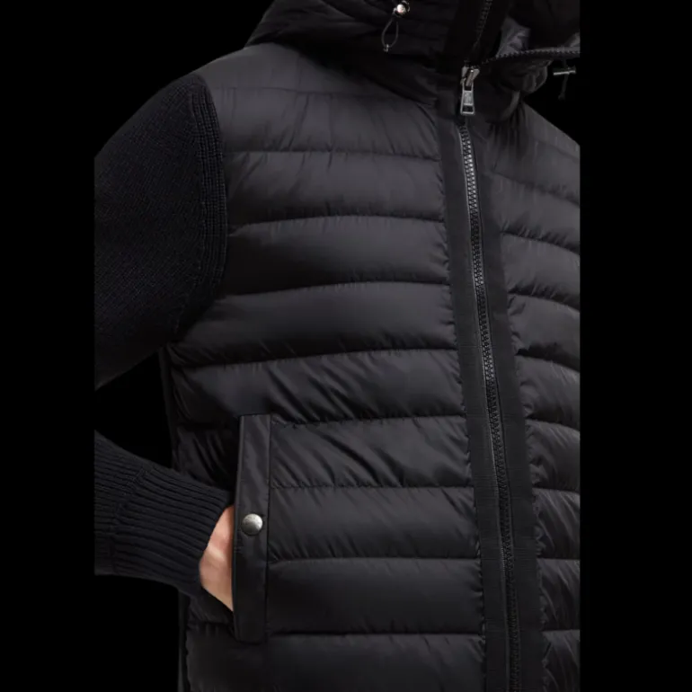 Cardigan MONCLER matelassé bi matière laine nylon noir poche manche
