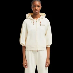 Cardigan sweat zippé MONCLER coton écru manche ballon courte  capuche logo