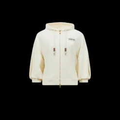 Cardigan sweat zippé MONCLER coton écru manche ballon courte  capuche logo