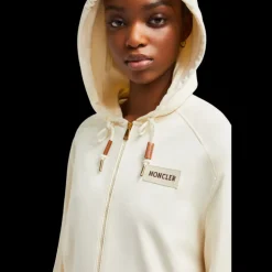 Cardigan sweat zippé MONCLER coton écru manche ballon courte  capuche logo