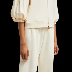 Cardigan sweat zippé MONCLER coton écru manche ballon courte  capuche logo