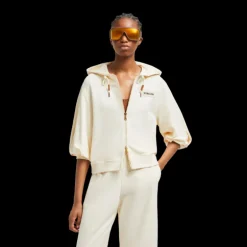 Cardigan sweat zippé MONCLER coton écru manche ballon courte  capuche logo