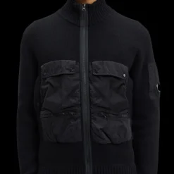 Cardigan zippé CP COMPANY laine agneau noire multipoches nylon
