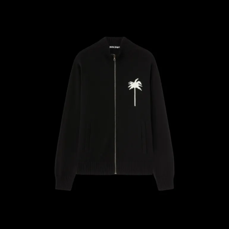 Cardigan zippé PALM ANGELS laine mérinos coton noir palmier dos blanc
