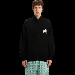 Cardigan zippé PALM ANGELS laine mérinos coton noir palmier dos blanc