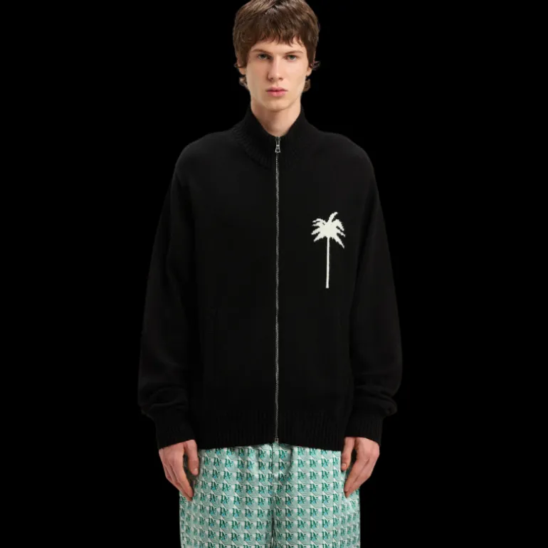 Cardigan zippé PALM ANGELS laine mérinos coton noir palmier dos blanc
