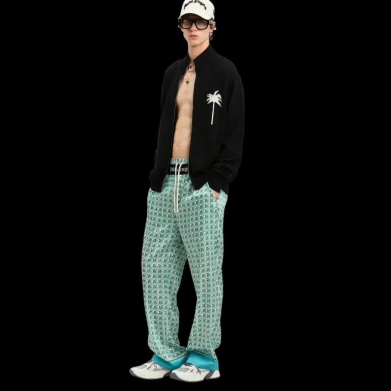 Cardigan zippé PALM ANGELS laine mérinos coton noir palmier dos blanc