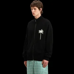Cardigan zippé PALM ANGELS laine mérinos coton noir palmier dos blanc