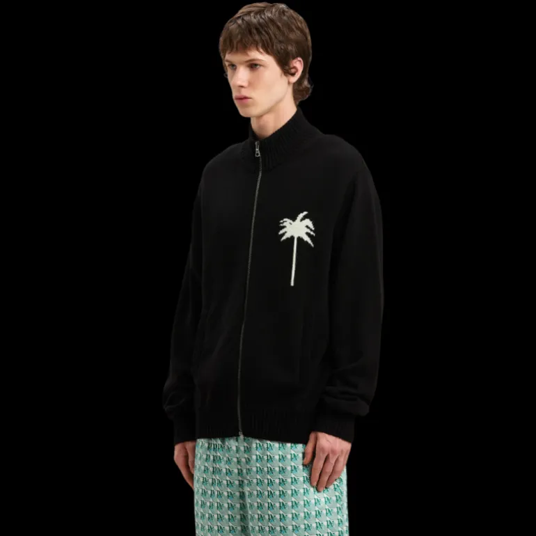 Cardigan zippé PALM ANGELS laine mérinos coton noir palmier dos blanc