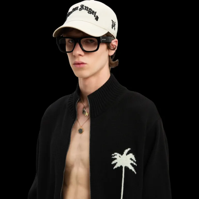 Cardigan zippé PALM ANGELS laine mérinos coton noir palmier dos blanc