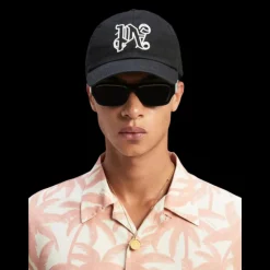 Casquette PALM ANGELS coton noir broderie logo monogramme blanc