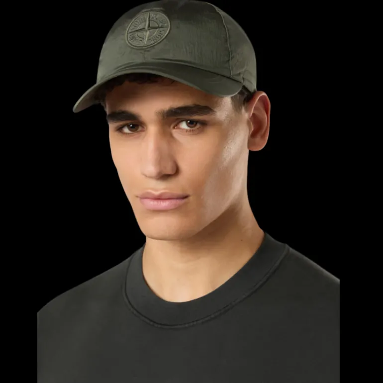 Casquette STONE ISLAND 6 panneaux nylon métal kaki logo cordon serrage
