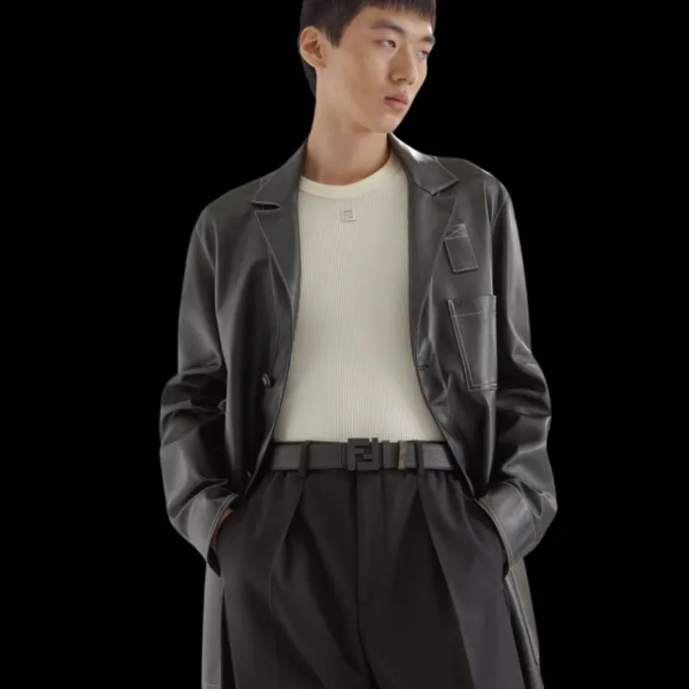 Ceinture FENDI réversible cuir tissu noir marron boucle FF noir