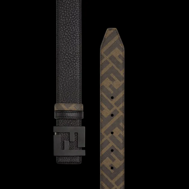 Ceinture FENDI réversible cuir tissu noir marron boucle FF noir