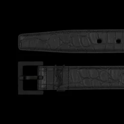 Ceinture fine SAINT LAURENT Cassandre cuir embossé crocodile boucle YSL Noir