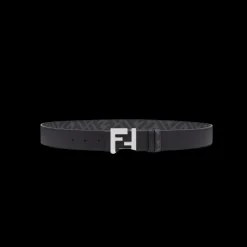Ceinture réversible  FENDI cuir noir motif FF gris fermoir métal