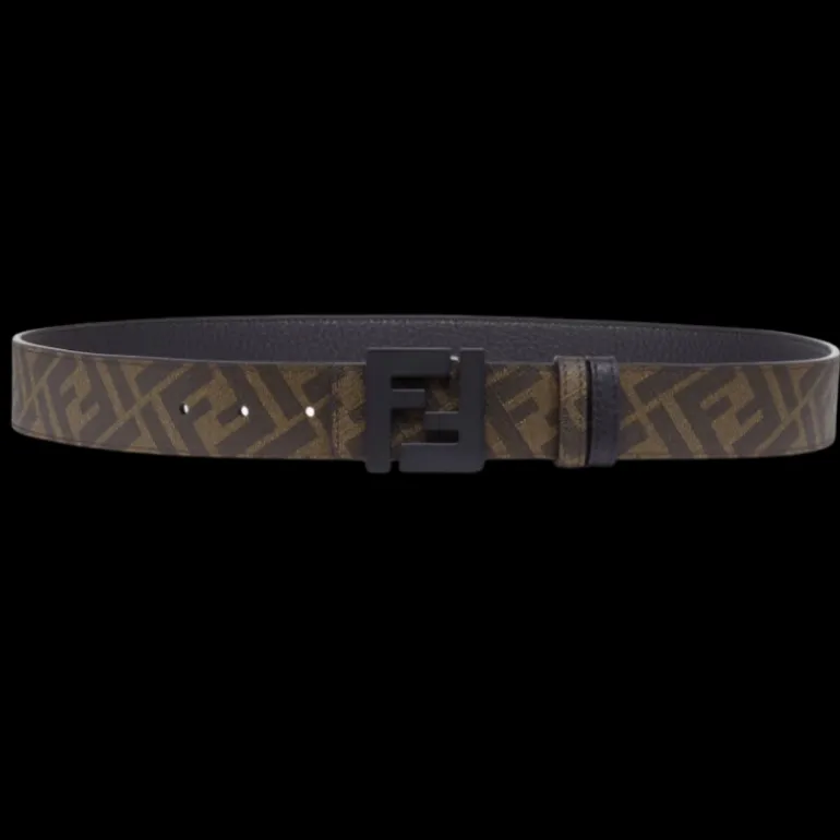 Ceinture réversible FENDI cuir grainé tissu marron FF boucle noire