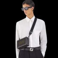 Ceinture réversible  FENDI cuir noir motif FF gris fermoir métal