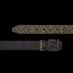 Ceinture réversible FENDI cuir grainé tissu marron FF boucle noire