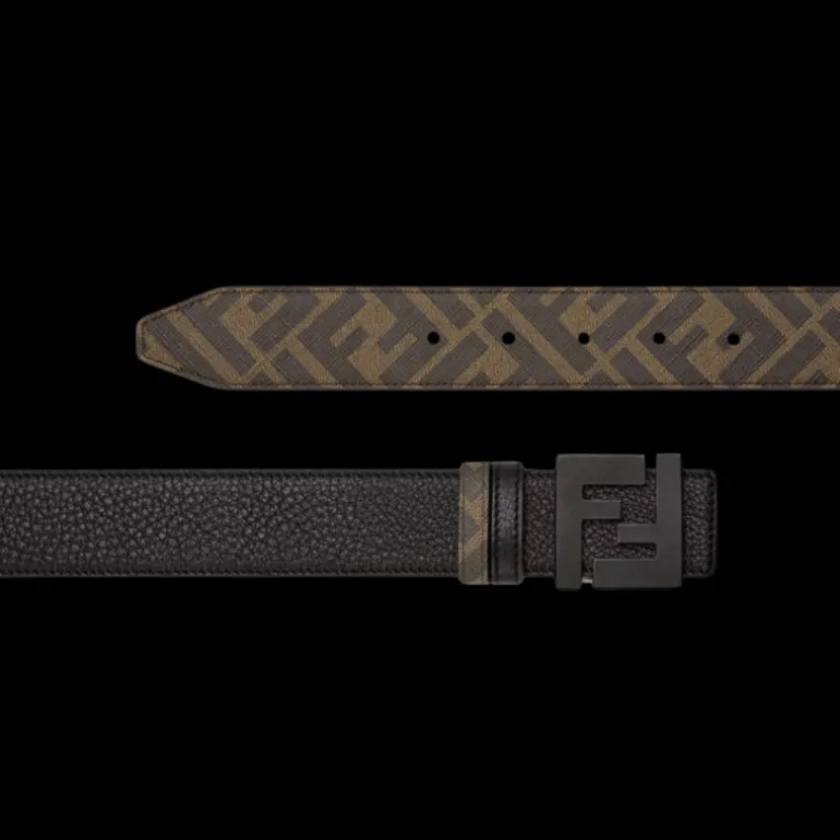Ceinture réversible FENDI cuir grainé tissu marron FF boucle noire