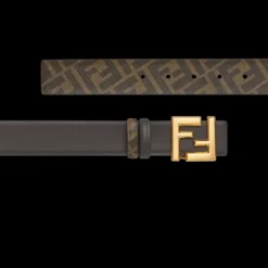 Ceinture réversible FENDI cuir marron toile FF marron boucle métal doré