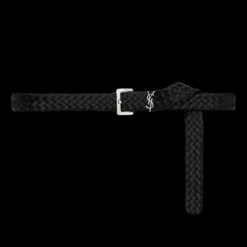 Ceinture SAINT LAURENT Cassandre cuir tressé noir YSL argent