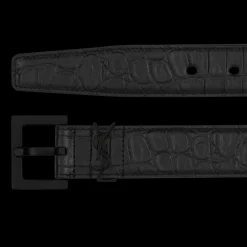 Ceinture SAINT LAURENT Cassandre cuir embossé croco noir boucle carré noire